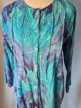 •	Phool Artsy Boho Chic Top Teal Purple Crinkled Button Up Blouse 3/4 Sleeve L